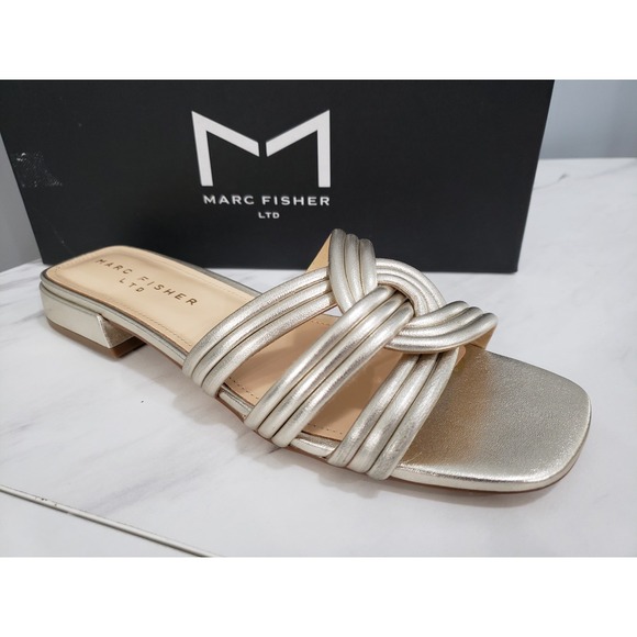 NEW SIZE 7.5 - Marc Fisher Casara 2 Heeled KITTEN Sandal 7.5 GOLD strappy boho - Picture 1 of 7